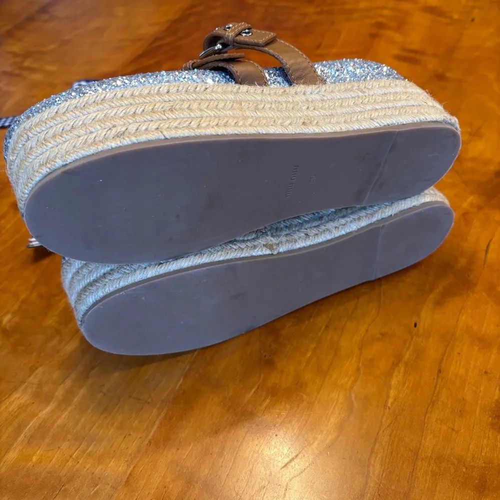 Retail $650! Miu Miu Glitter Silver Platform Espadrilles Removables Ties 40 9.5